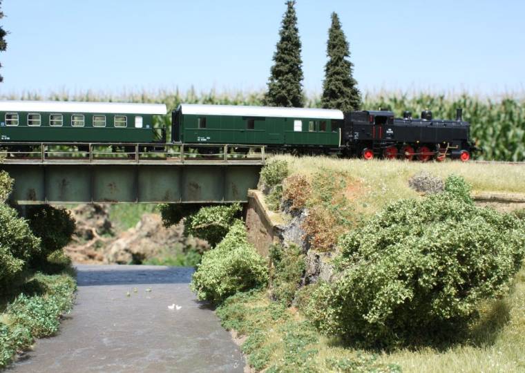 Personenzug auf der grünen Brücke
